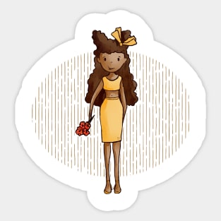 Cute dark skinned girl with a yellow outfit and holding a bunch of flowers in her hand Sticker